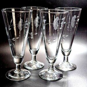 4  Princess House Heritage Glass Goblets 7.5" vtg etched floral glassware flower